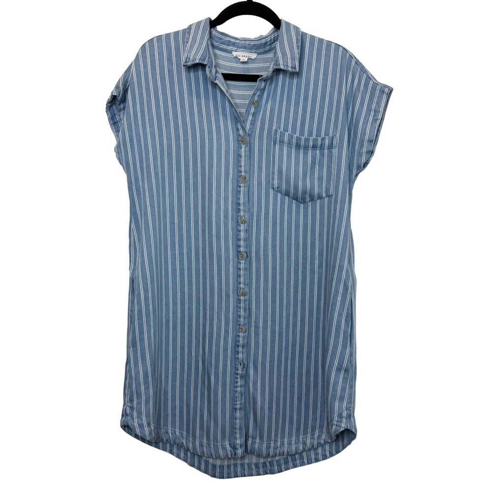 Blu Pepper Women Blue White Striped‎ Lyocell Button Down Shirt Dress Pockets M